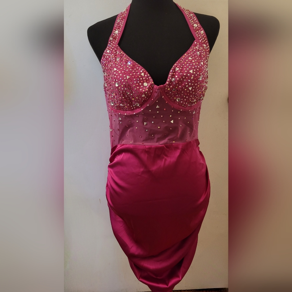 NIKBK Women's Pinkish Purple Elegant Glamorous Sexy Rhinestone Mesh Halter Dress